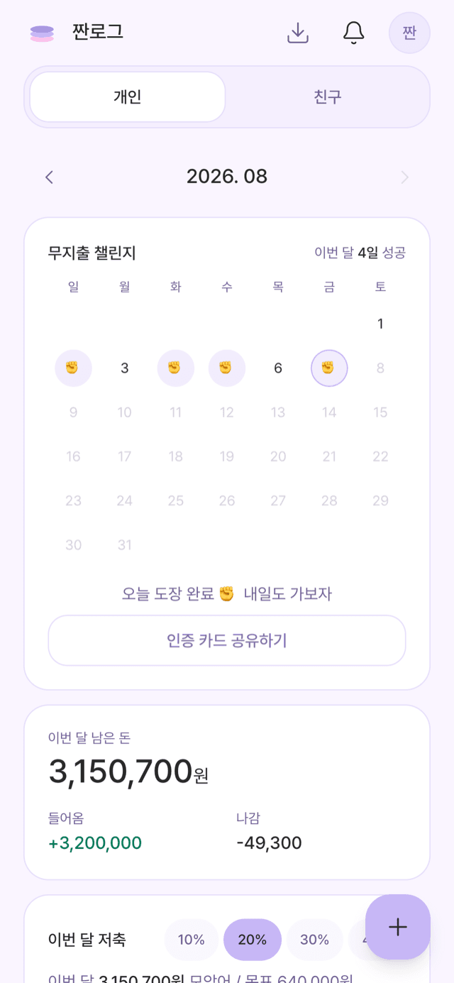 무지출 도장과 기록 기준 수입·지출 차액을 보여주는 짠로그 실제 화면